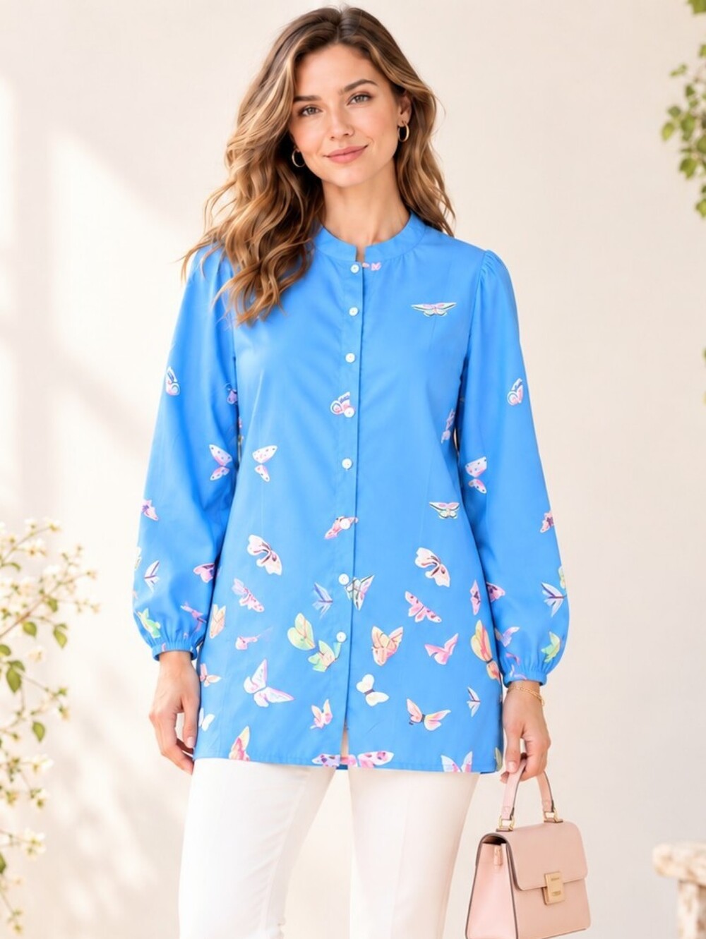 Blue Butterfly Print Tunic Blouse Button Front Puff Sleeve Pocket Women’s M